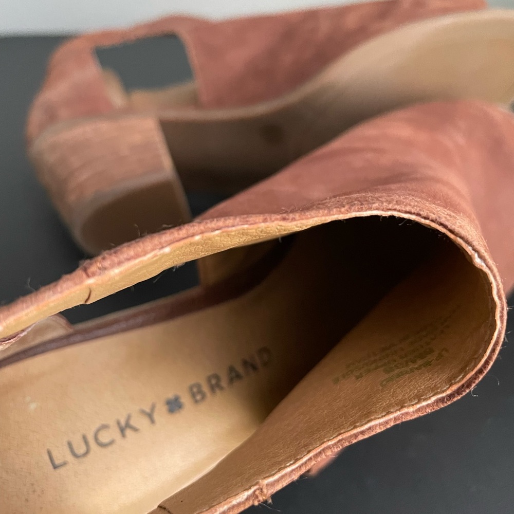 Lucky Brand Booties Brown Leather Barimo Open Toe Sandal Low Heel Size 8 - Picture 8 of 9